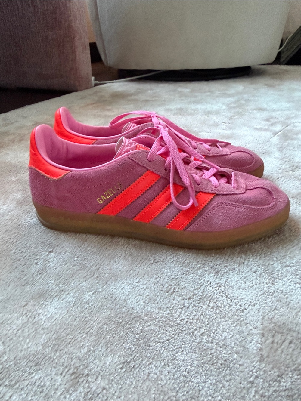 adidas Gazelle Women’s Pink Suede Sneakers with orange stripes - Picture 3 of 6